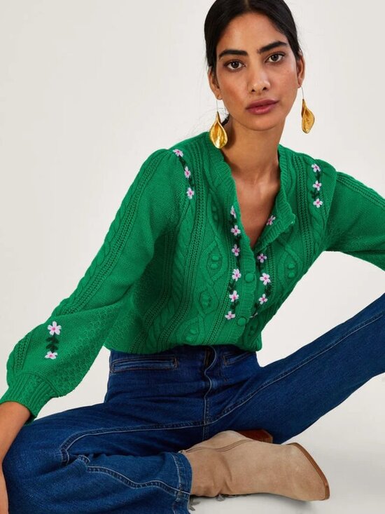Monsoon Sweaters - Monsoon Embroidered Green Cardigan | Size Large | Floral Detail | Cottagecore